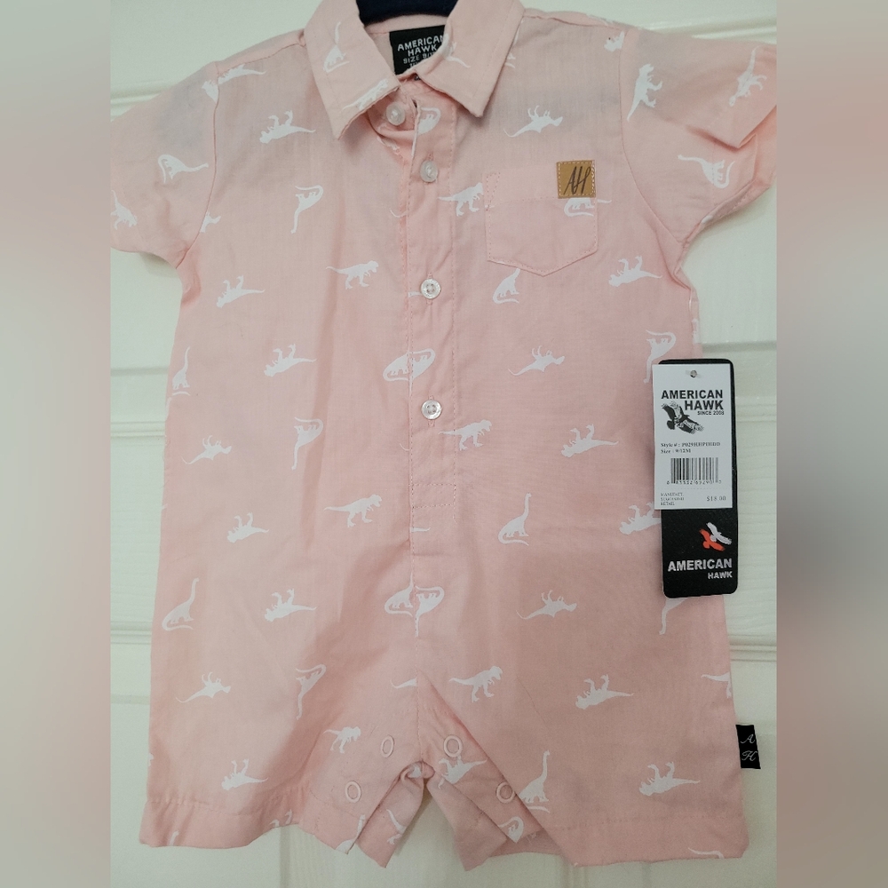 American Hawk Romper for boys pink with white dinosaurs 9-12 Months New With Tag